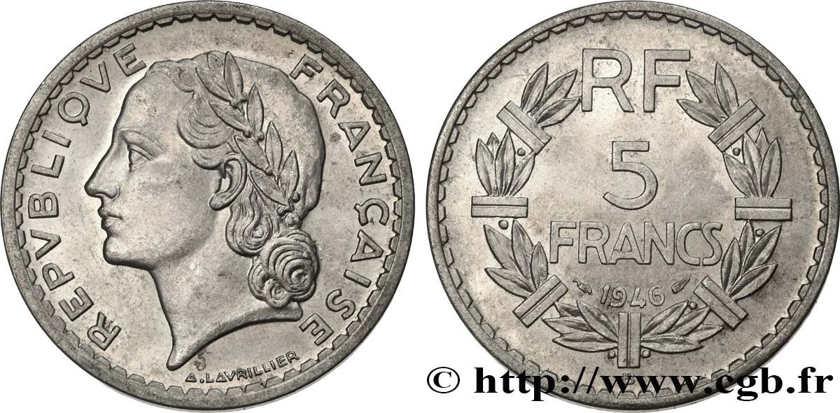 5 francs Lavrillier, aluminium 1946 Beaumont-Le-Roger F.339/7 SPL63 