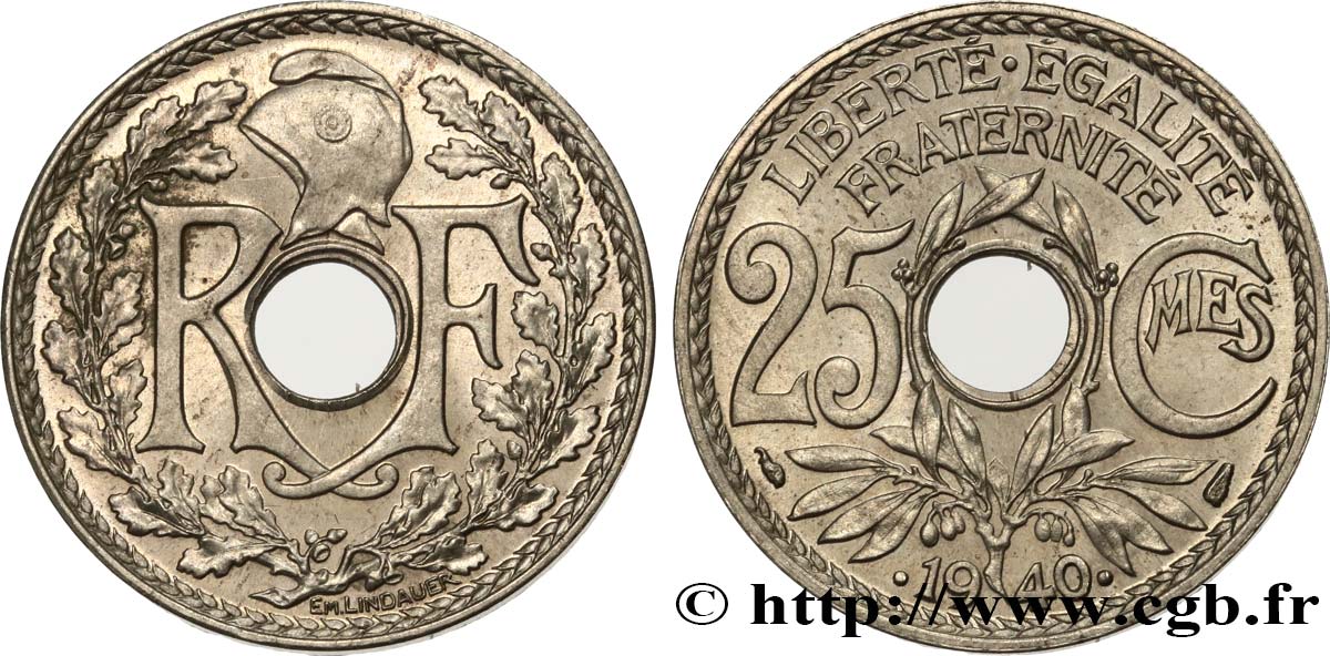 25 centimes Lindauer, maillechort 1940  F.172/4 MS61 
