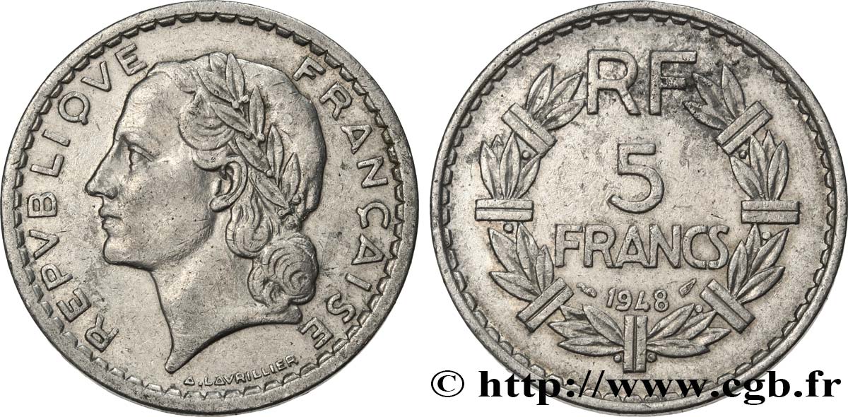 5 francs Lavrillier, aluminium, 9 fermé 1948  F.339/14 XF 