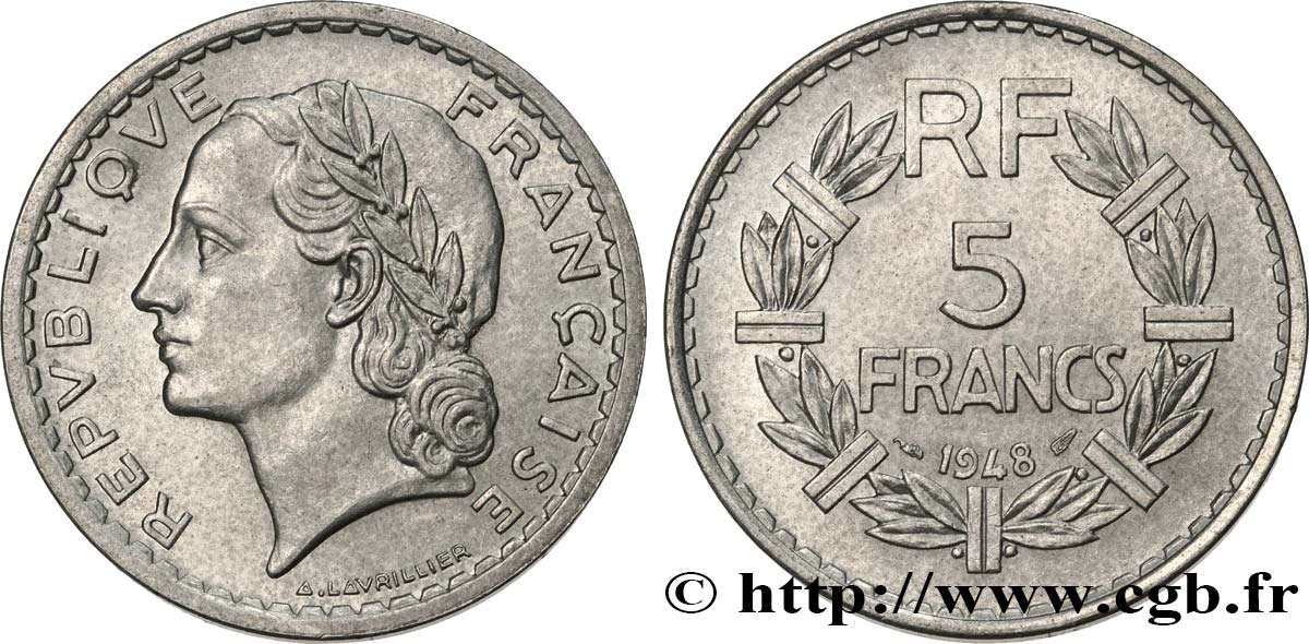 5 francs Lavrillier, aluminium, 9 ouvert 1948  F.339/13 fST63 