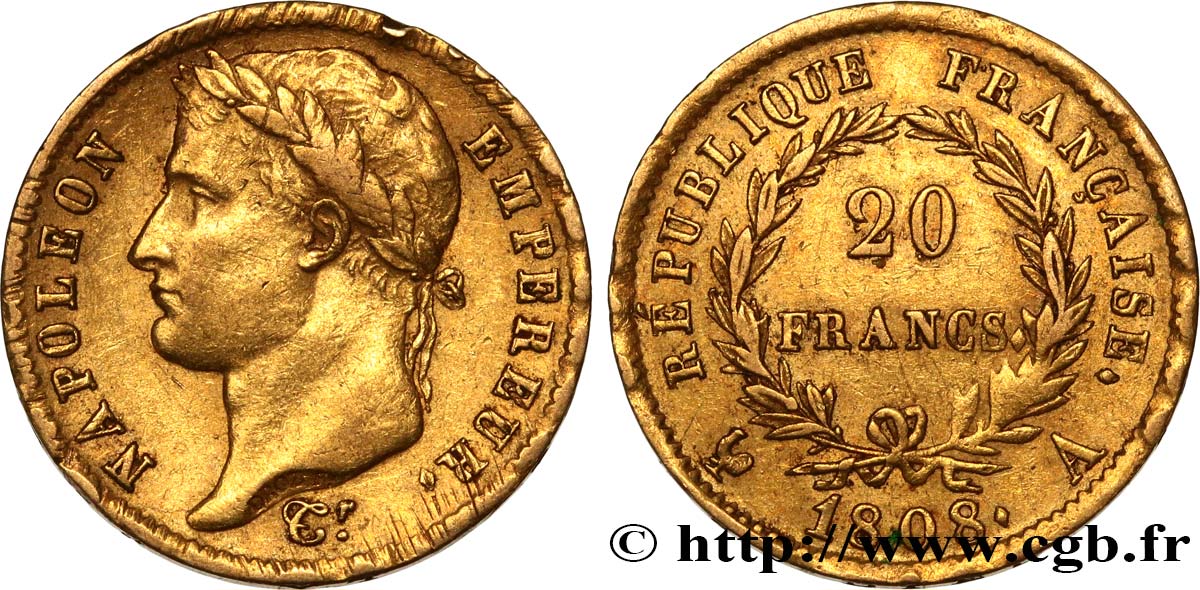 20 francs or Napoléon tête laurée, République française 1808 Paris F.515/2 SS45 