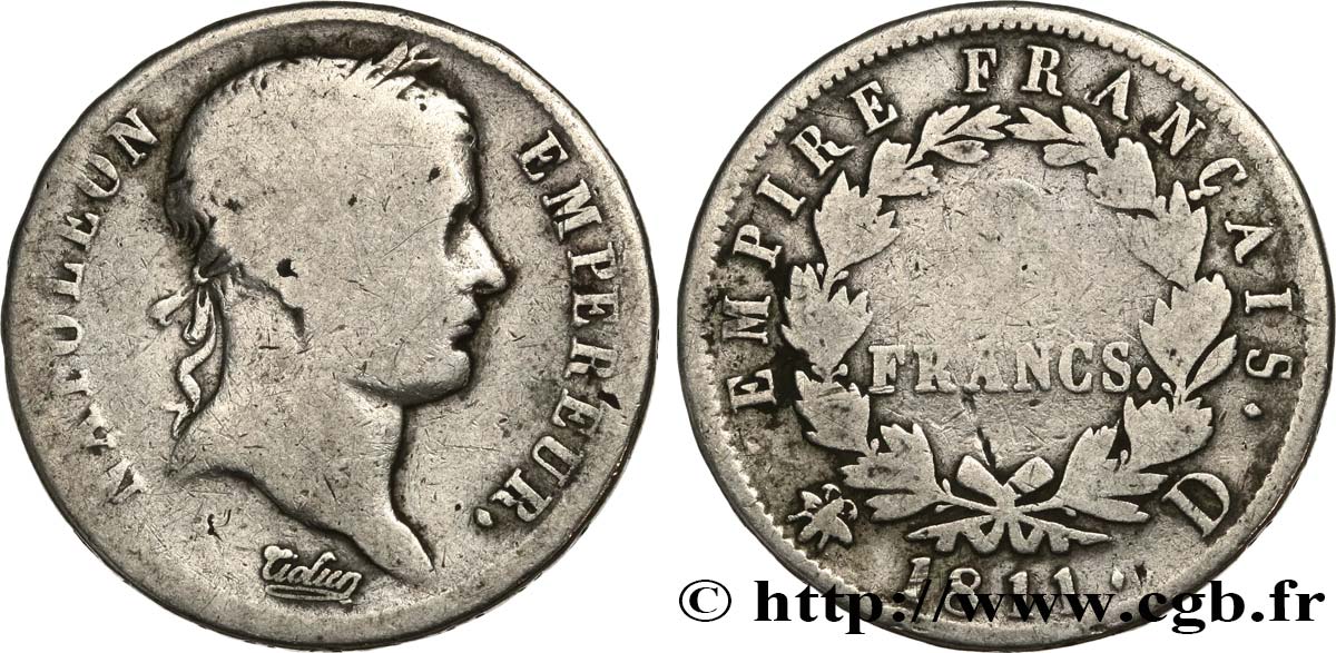 2 francs Napoléon Ier tête laurée, Empire français 1811 Lyon F.255/27 VG 