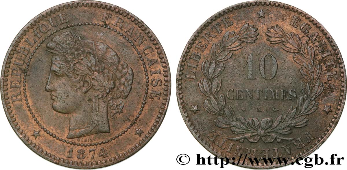 10 centimes Cérès 1874 Bordeaux F.135/13 BC+ 