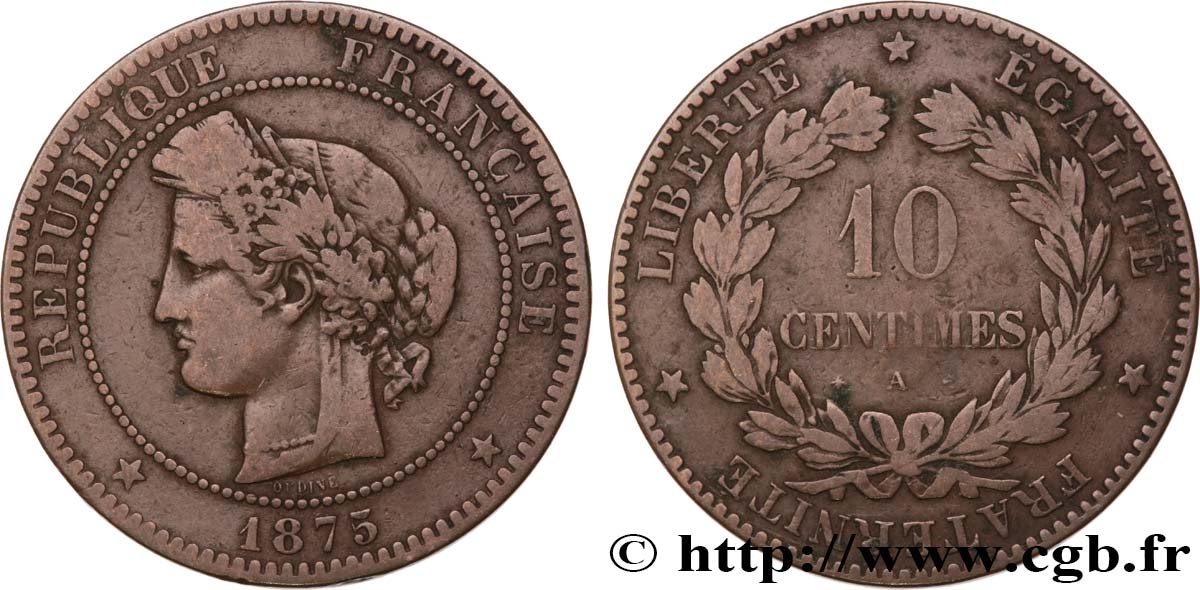 10 centimes Cérès 1875 Paris F.135/14 VF20 