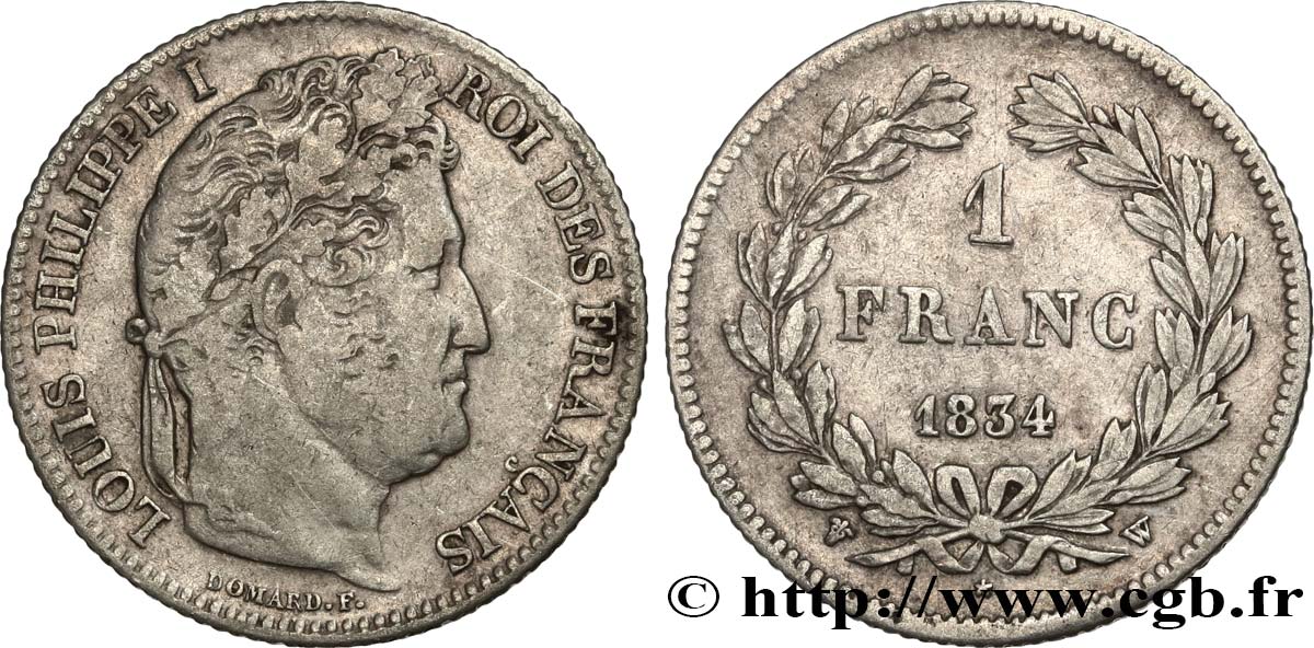 1 franc Louis-Philippe, couronne de chêne 1834 Lille F.210/39 MB 