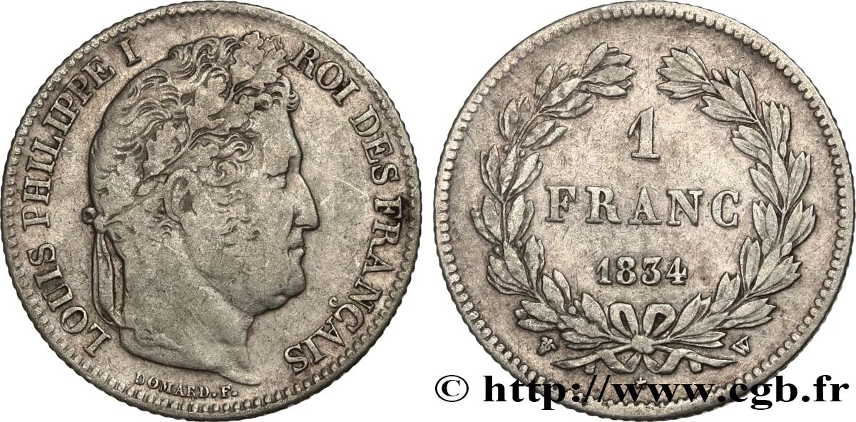 1 franc Louis-Philippe, couronne de chêne 1834 Lille F.210/39 TB 