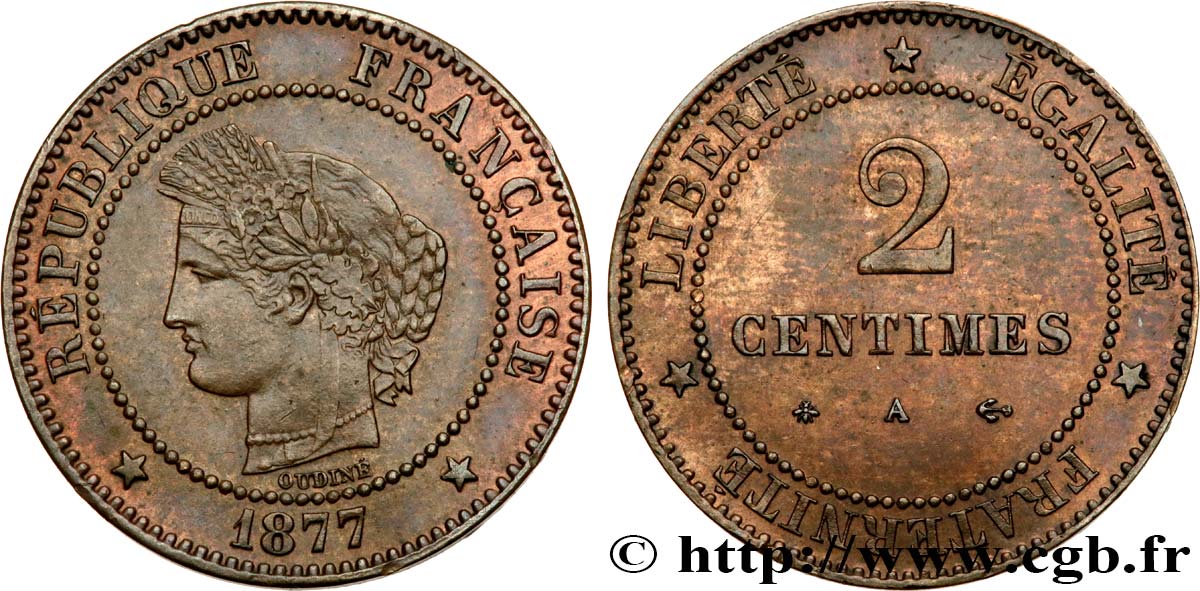2 centimes Cérès 1877 Paris F.109/2 AU53 