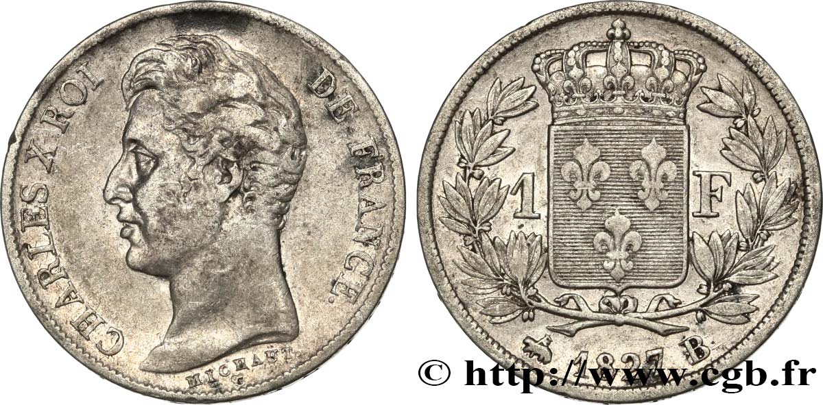 1 franc Charles X, matrice du revers à cinq feuilles 1827 Rouen F.207/26 TB+ 