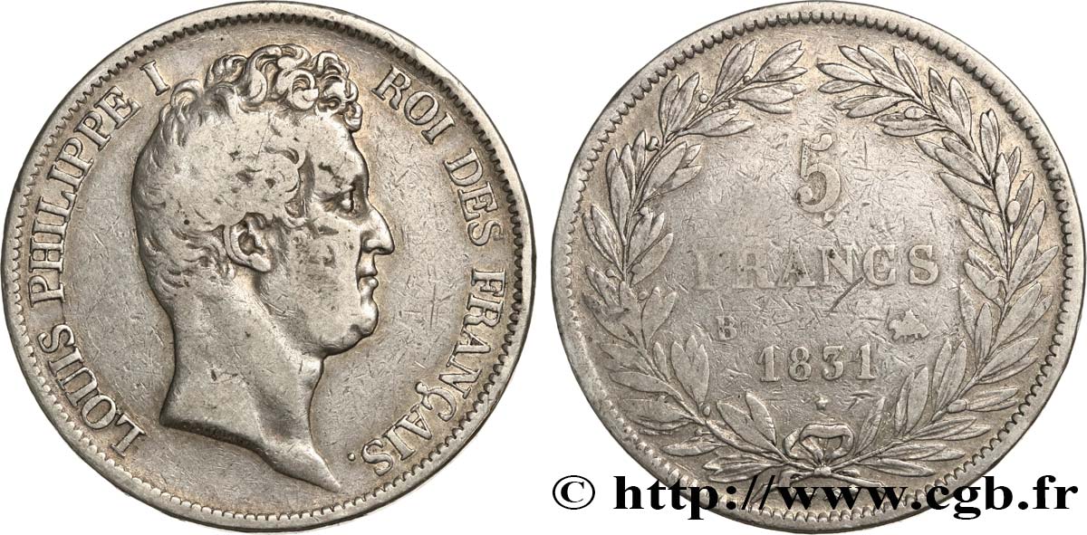 5 francs type Tiolier avec le I, tranche en relief 1831 Rouen F.316/3 BC 
