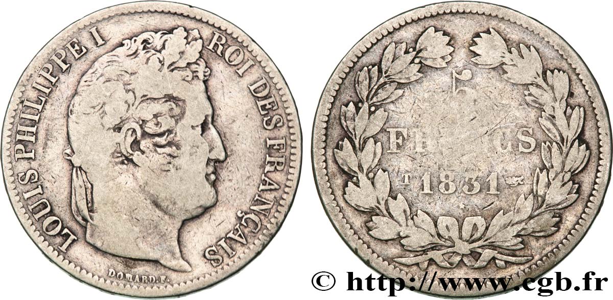 5 francs Ier type Domard, tranche en relief 1831 Nantes F.320/12 MB15 