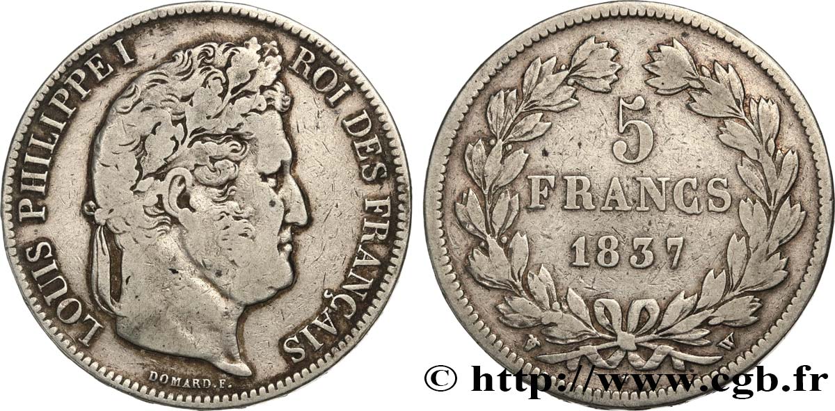 5 francs IIe type Domard 1837 Lille F.324/67 TB 