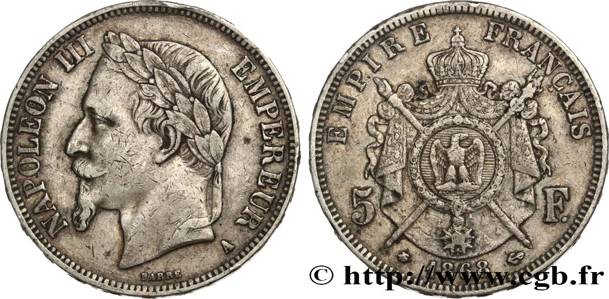 5 francs Napoléon III, tête laurée 1868 Paris F.331/12 VF35 
