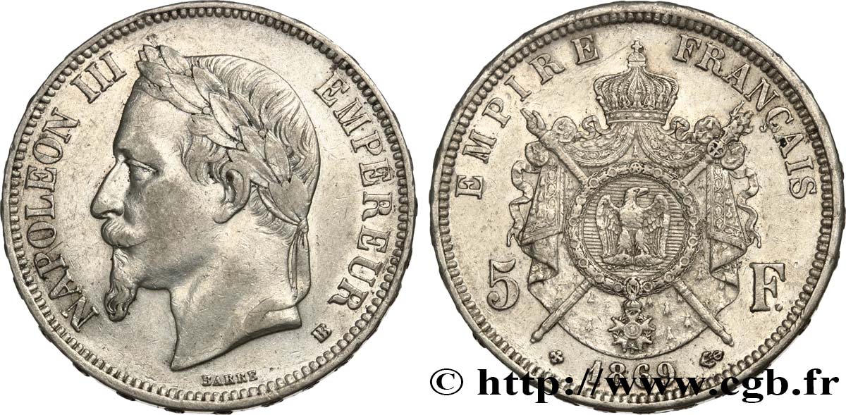 5 francs Napoléon III, tête laurée 1869 Strasbourg F.331/15 TTB 