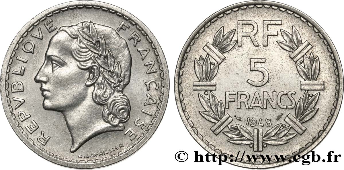 5 francs Lavrillier, aluminium 1948 Beaumont-Le-Roger F.339/15 VZ58 