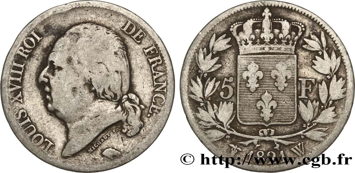 5 francs Louis XVIII, tête nue 1821 Lille F.309/67 SGE12 