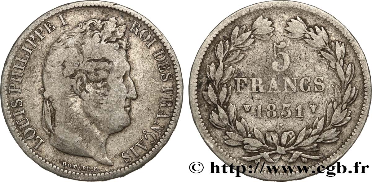 5 francs Ier type Domard, tranche en relief 1831 Lille F.320/13 VF20 