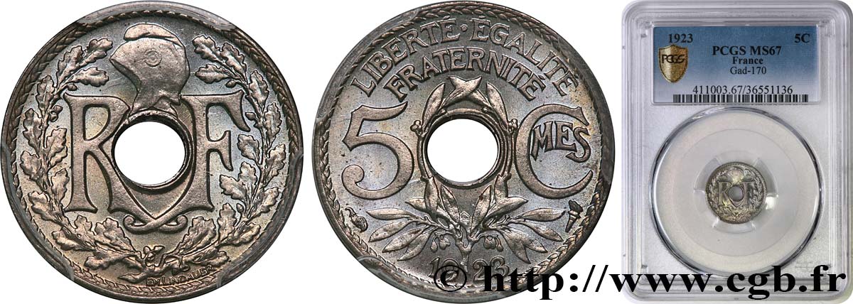 5 centimes Lindauer, petit module 1923 Paris F.122/6 ST67 PCGS
