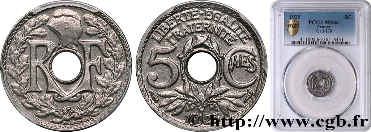 5 centimes Lindauer, petit module 1925 Paris F.122/10 MS66 PCGS
