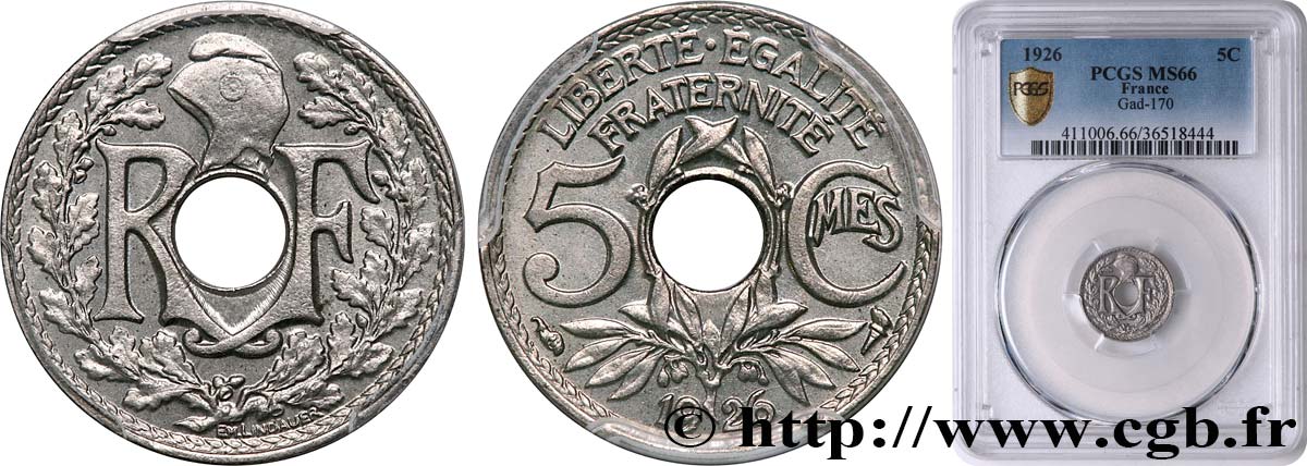 5 centimes Lindauer, petit module 1926  F.122/11 ST66 PCGS