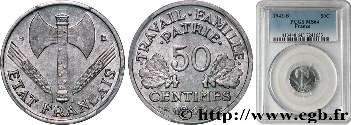 50 centimes Francisque, légère 1943 Beaumont-Le-Roger F.196/3 SPL64 PCGS