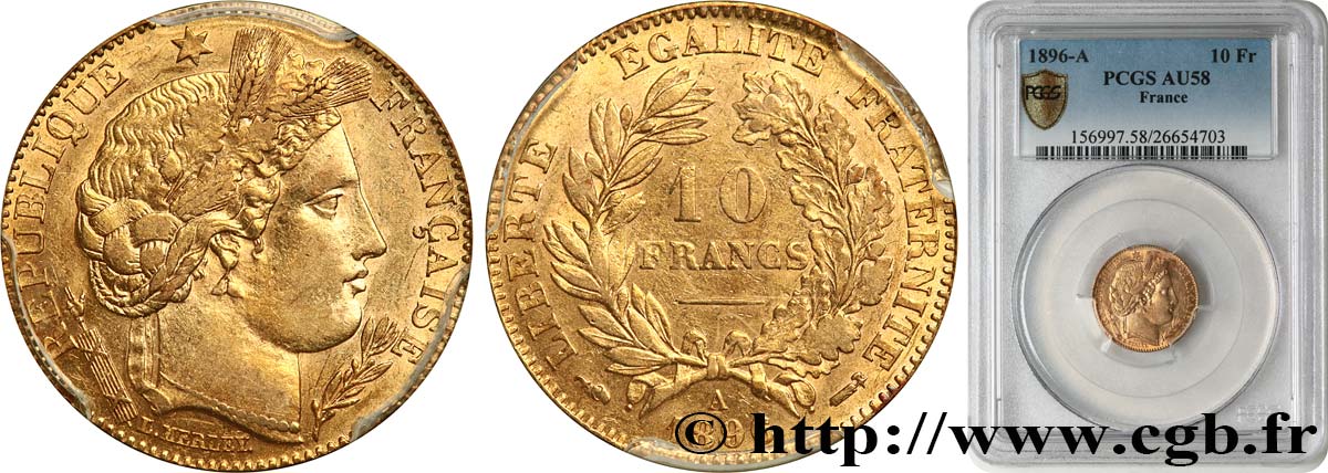 10 francs or Cérès, Troisième République 1896 Paris F.508/4 VZ58 PCGS