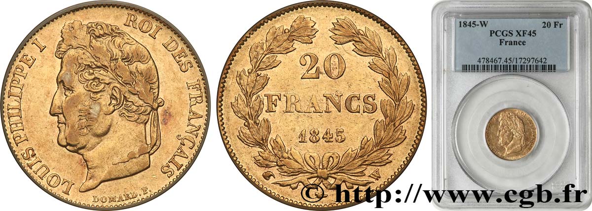20 francs or Louis-Philippe, Domard 1845 Lille F.527/34 BB45 PCGS