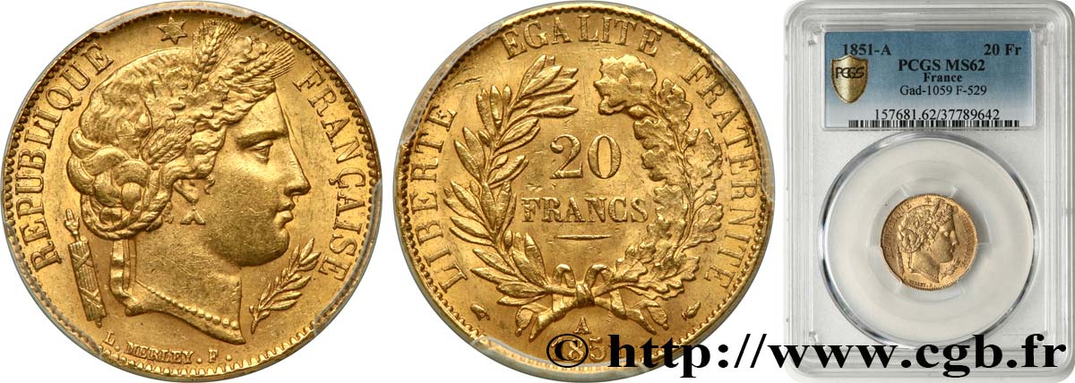 20 francs or Cérès 1851 Paris F.529/4 VZ62 PCGS