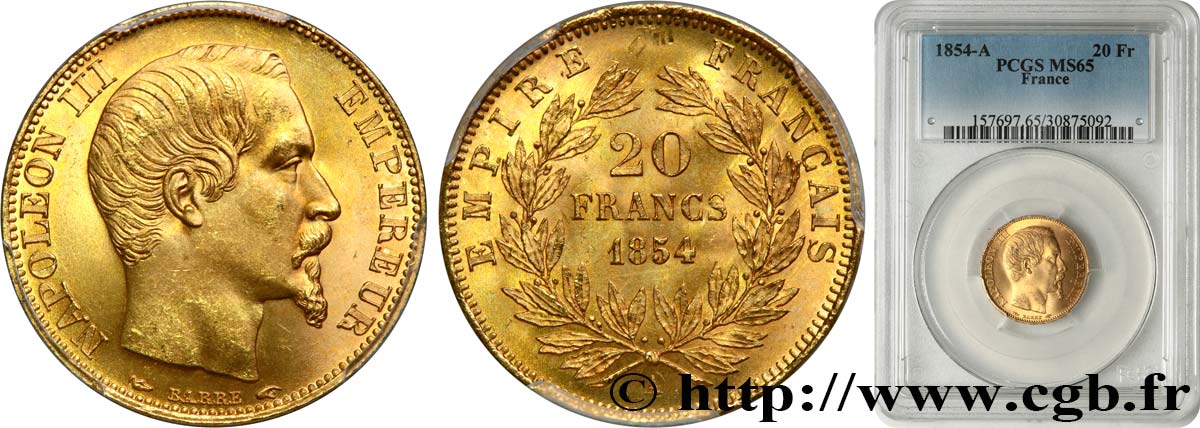 20 francs or Napoléon III, tête nue 1854 Paris F.531/2 ST65 PCGS