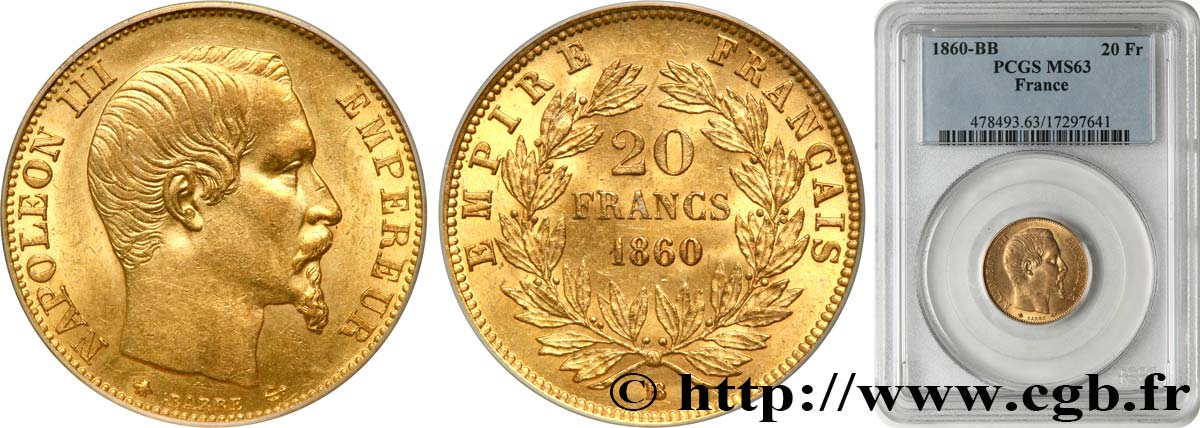 20 francs or Napoléon III, tête nue 1860 Strasbourg F.531/20 fST63 PCGS