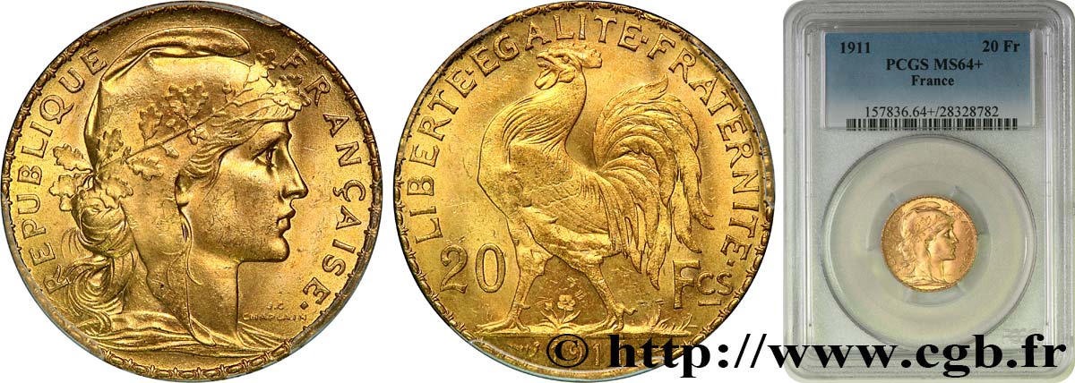 20 francs or Coq, Liberté Égalité Fraternité 1911 Paris F.535/5 SC64 PCGS