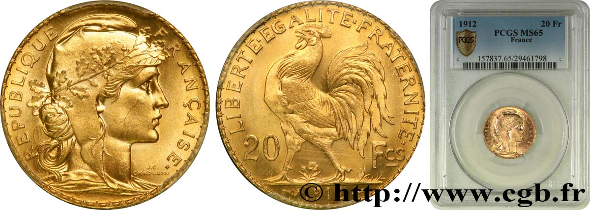 20 francs or Coq, Liberté Égalité Fraternité 1912 Paris F.535/6 MS65 PCGS