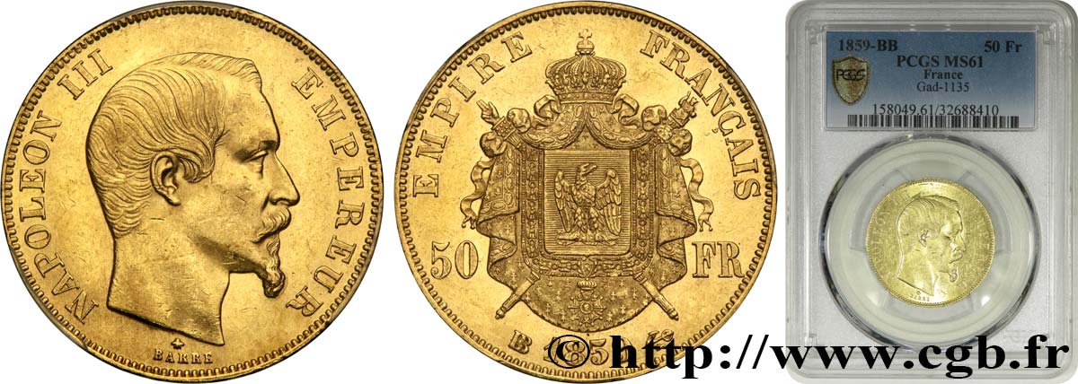 50 francs or Napoléon III, tête nue 1859 Strasbourg F.547/8 SPL61 PCGS