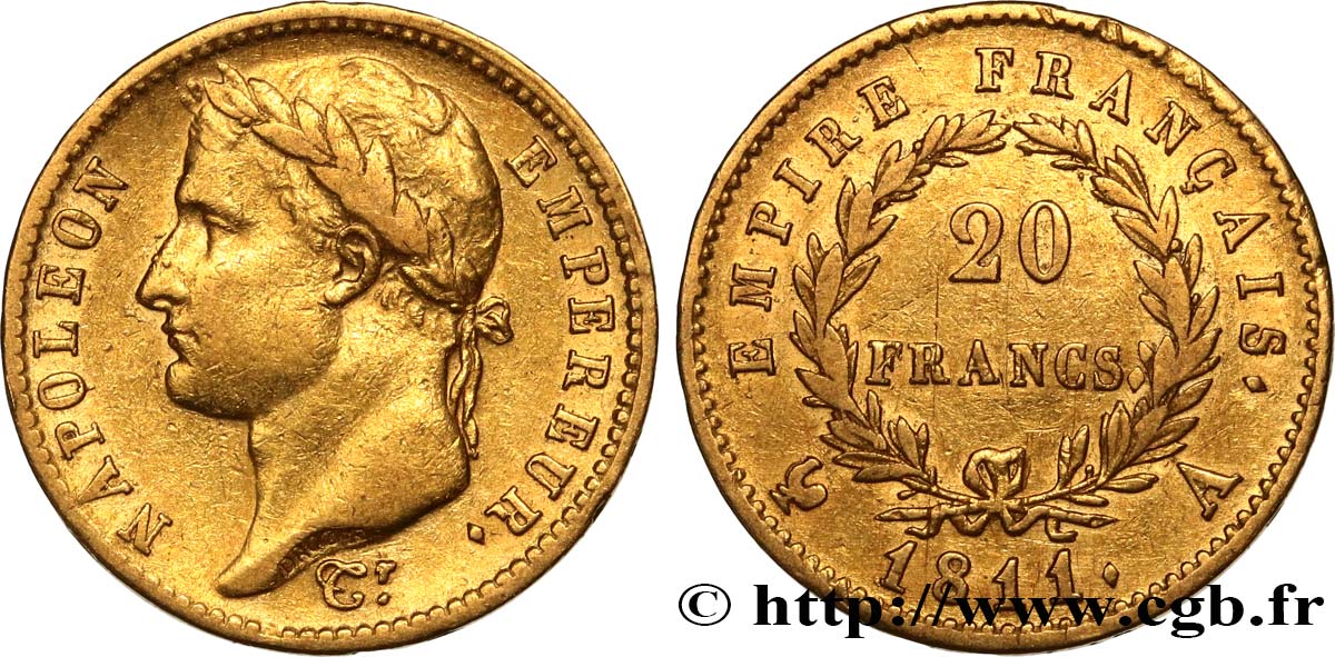 20 francs or Napoléon, tête laurée, Empire français 1811 Paris F.516/16 MBC40 