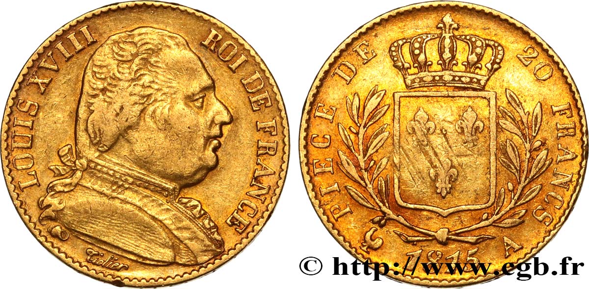 20 francs or Louis XVIII, buste habillé 1815 Paris F.517/10 XF40 