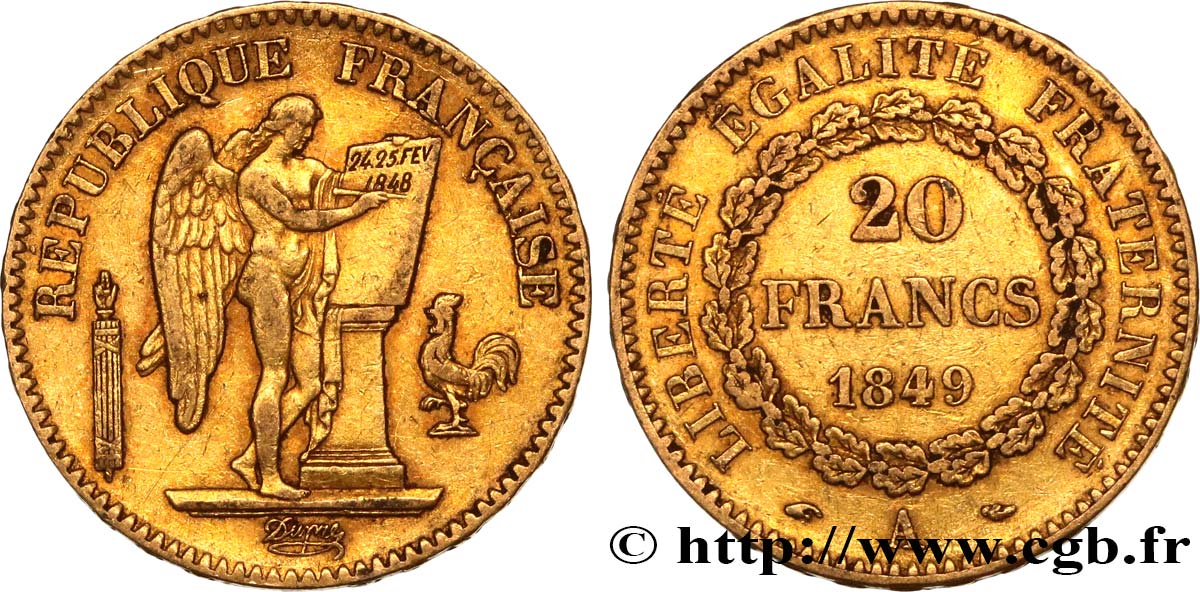 20 francs or Génie, IIe République 1849 Paris F.528/2 XF40 