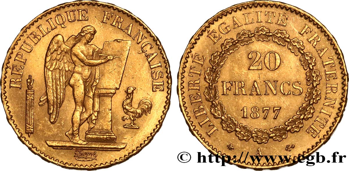 20 francs or Génie, Troisième République 1877 Paris F.533/5 EBC58 
