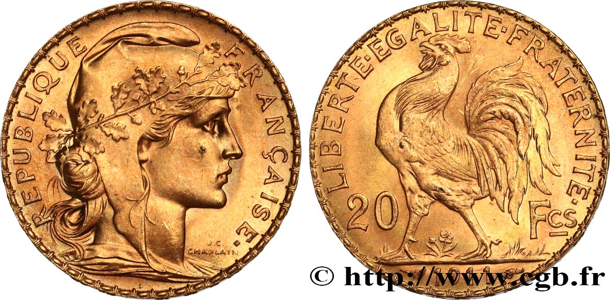 20 francs or Coq, Liberté Égalité Fraternité 1911  F.535/5 MS 