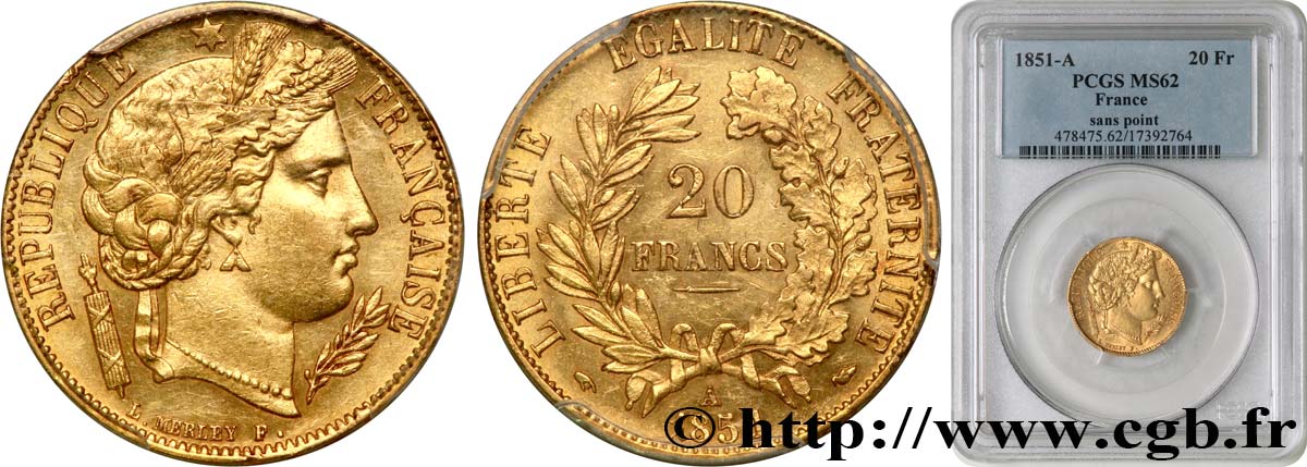 20 francs or Cérès 1851 Paris F.529/5 EBC62 PCGS