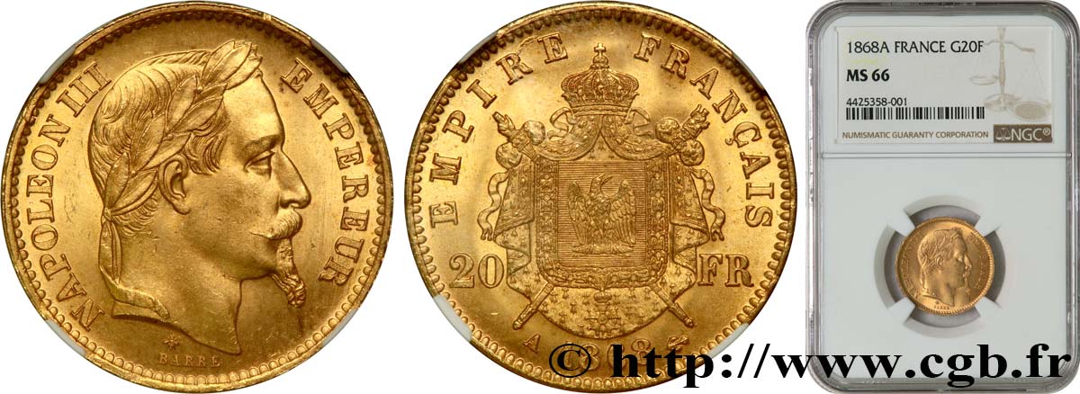 20 francs or Napoléon III, tête laurée 1868 Paris F.532/18 MS66 NGC