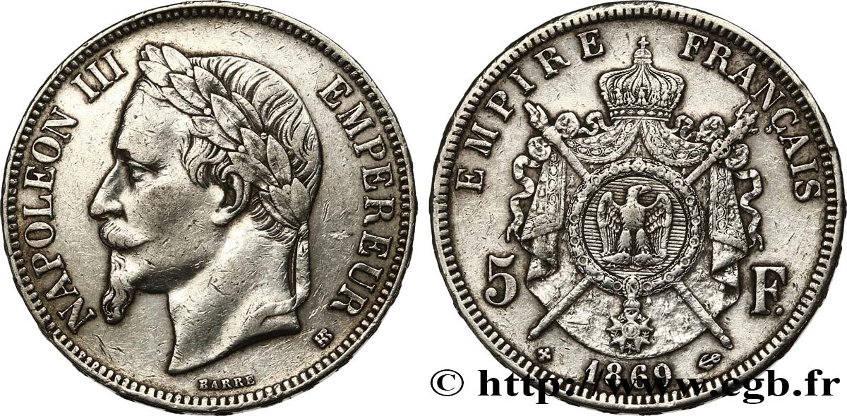 5 francs Napoléon III, tête laurée 1869 Strasbourg F.331/15 TTB 