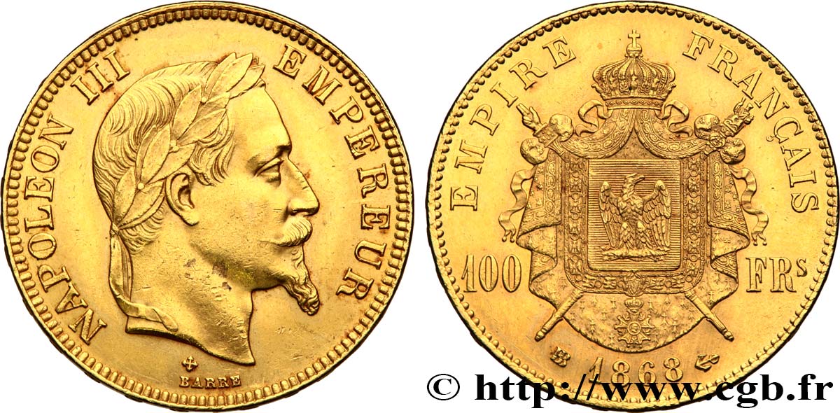 100 francs or Napoléon III, tête laurée 1868 Strasbourg F.551/11 SPL61 GENI