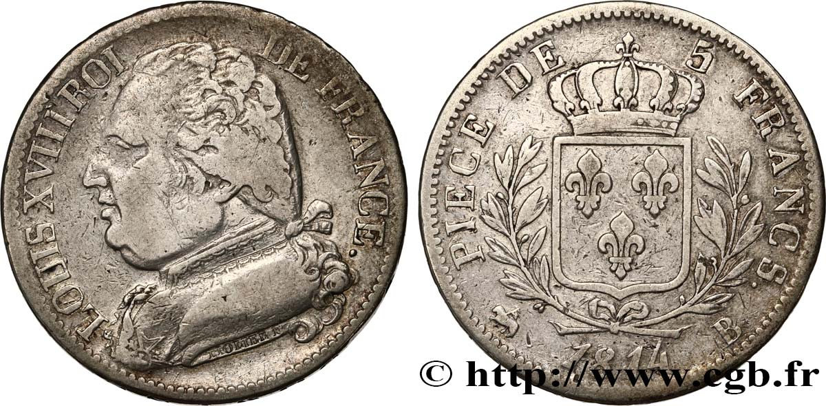 5 francs Louis XVIII, buste habillé 1814 Rouen F.308/2 TB25 
