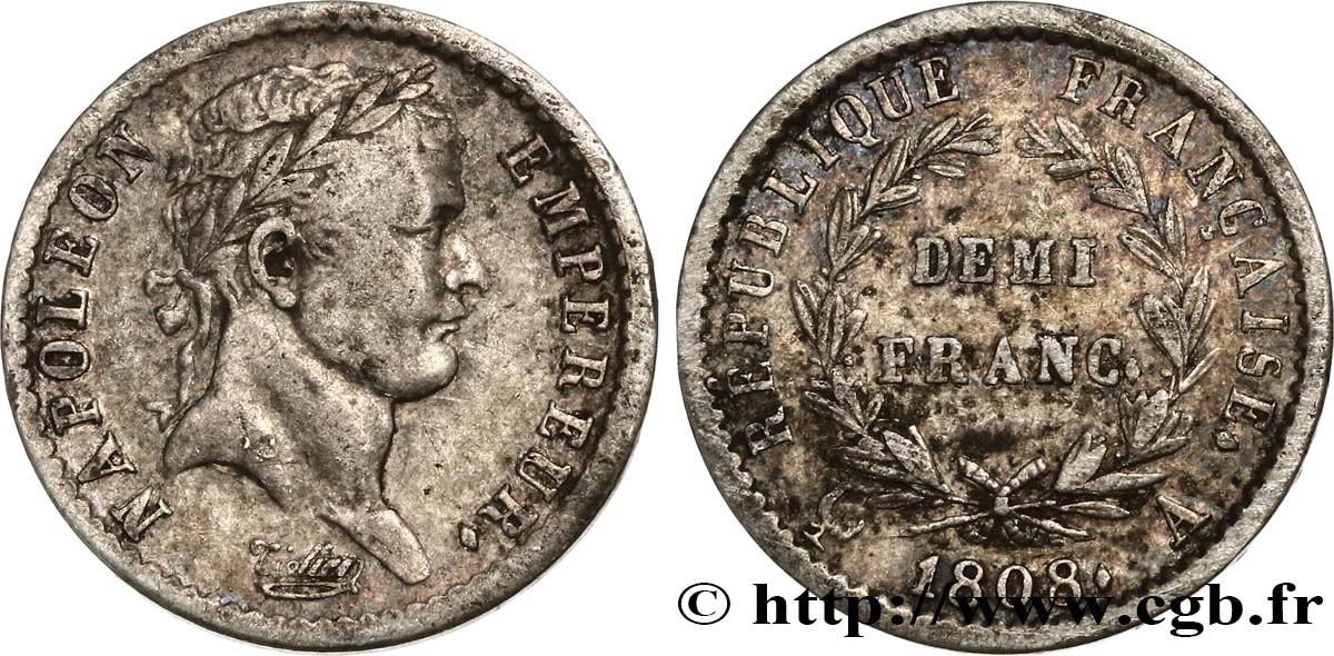 Demi-franc Napoléon Ier tête laurée, République française, Coins Tournés 1808 Paris F.177/2 TB35 