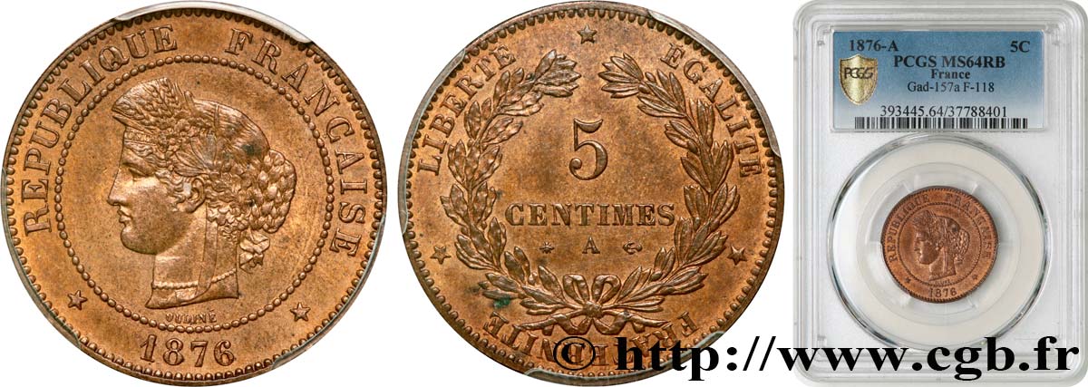 5 centimes Cérès 1876 Paris F.118/13 MS64 PCGS