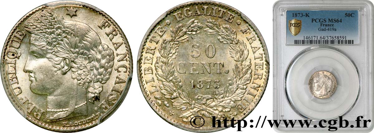 50 centimes Cérès, IIIe République 1873 Bordeaux F.189/6 fST64 PCGS