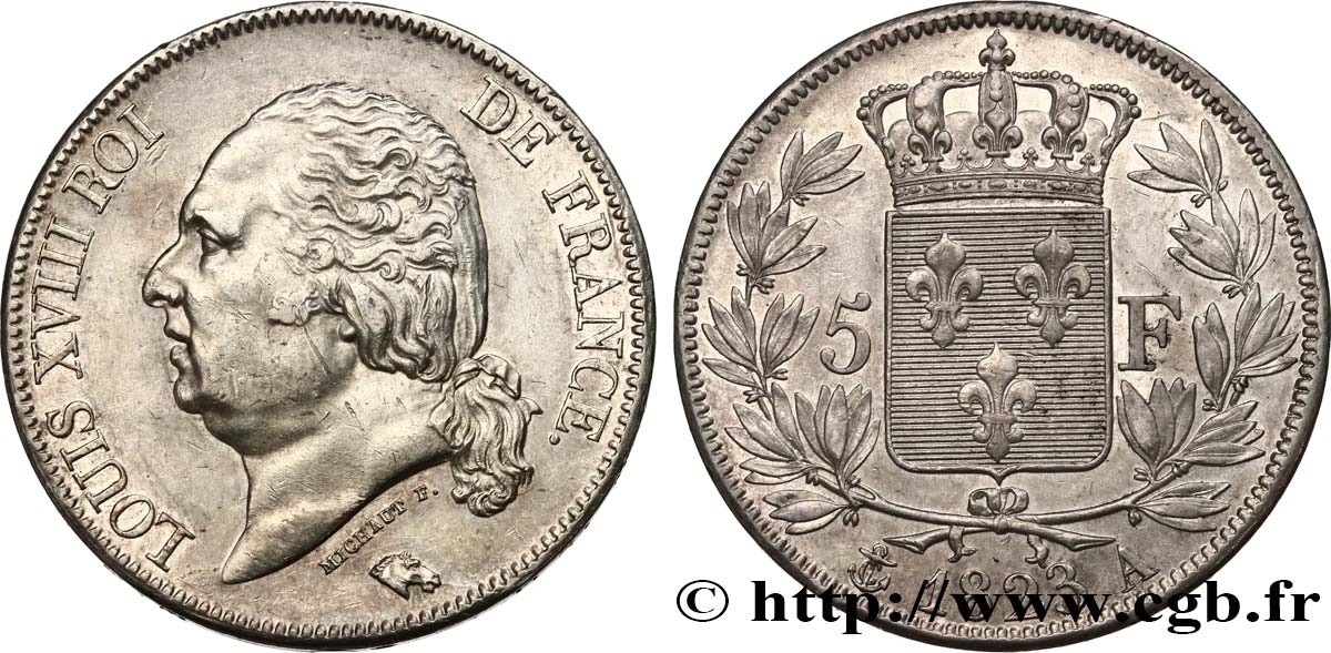 5 francs Louis XVIII, tête nue 1823 Paris F.309/76 TTB 