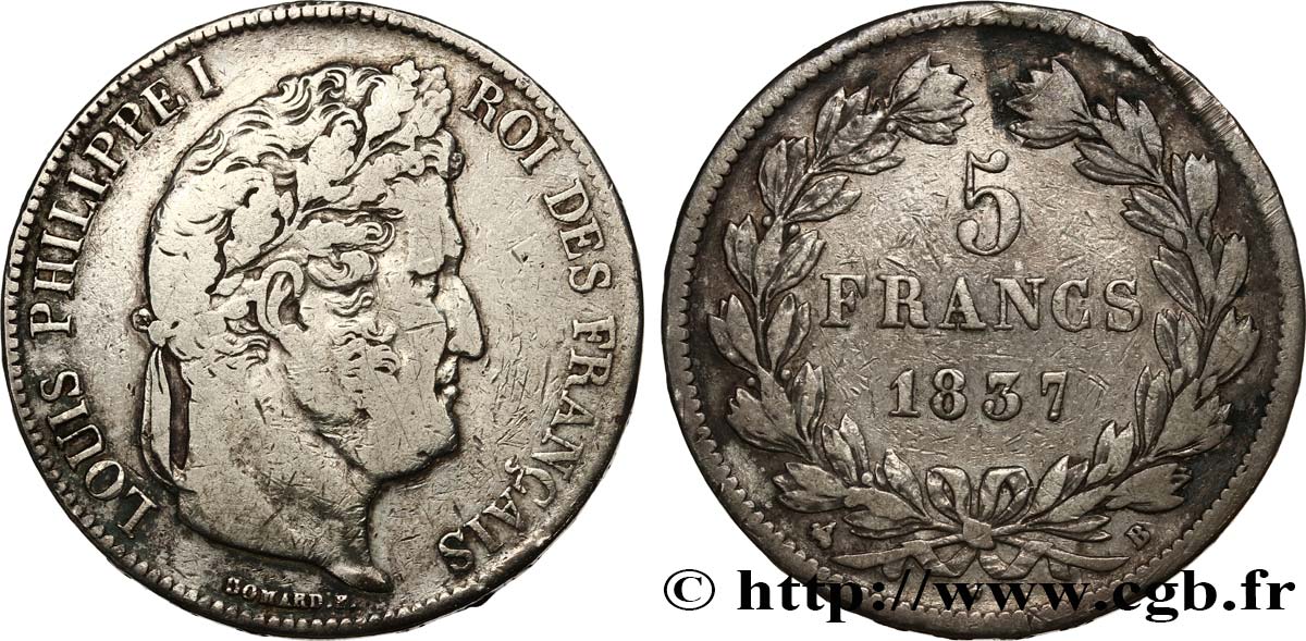 5 francs IIe type Domard 1837 Rouen F.324/62 TB 