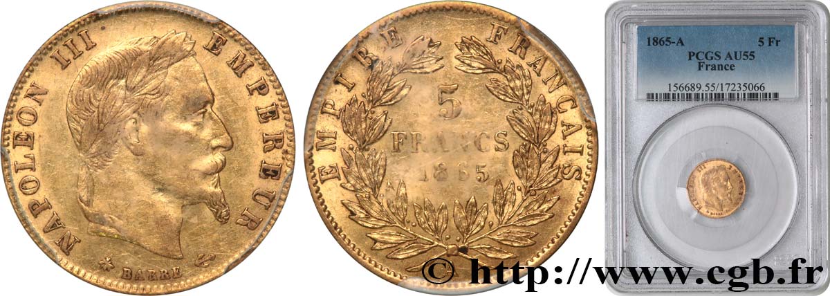 5 francs or Napoléon III, tête laurée 1865 Paris F.502/7 EBC55 PCGS