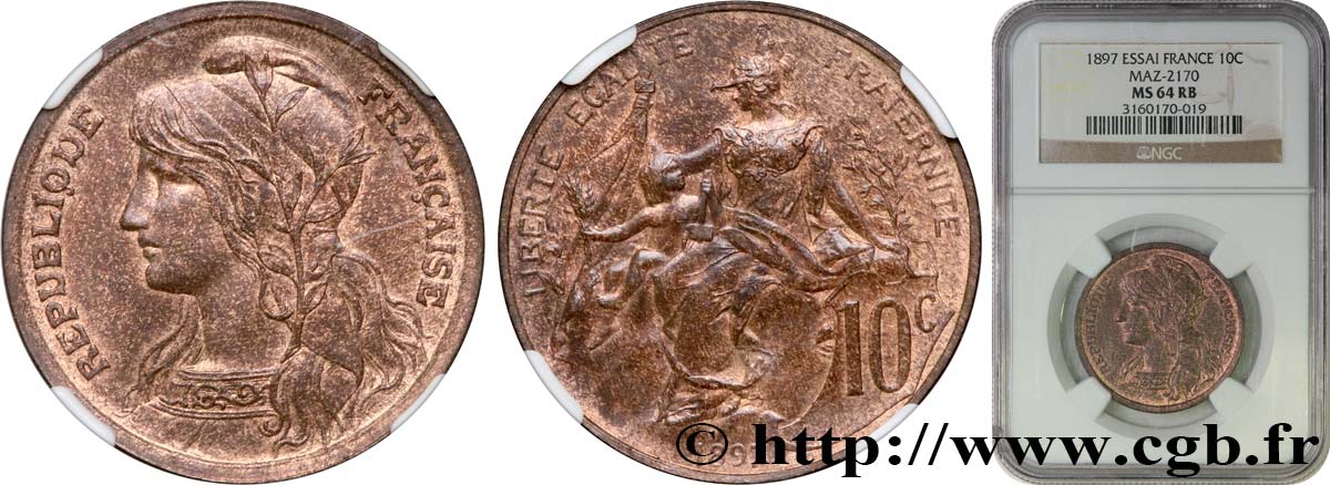Épreuve de 10 centimes Daniel-Dupuis, tête à gauche, col avec frise, sans le mot ESSAI 1897  GEM.30 2 MS64 NGC