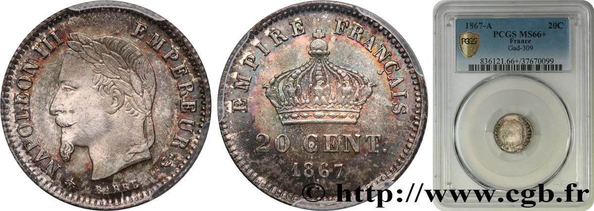 20 centimes Napoléon III, tête laurée, grand module 1867 Paris F.150/1 ST66 PCGS